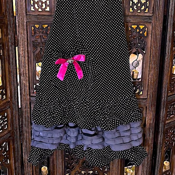 FLIRTY APRONS BLACK & WHITE POLKA DOT KITCHEN APRON W/ PINK BOW WITH RUFFLES OS - Picture 2 of 4